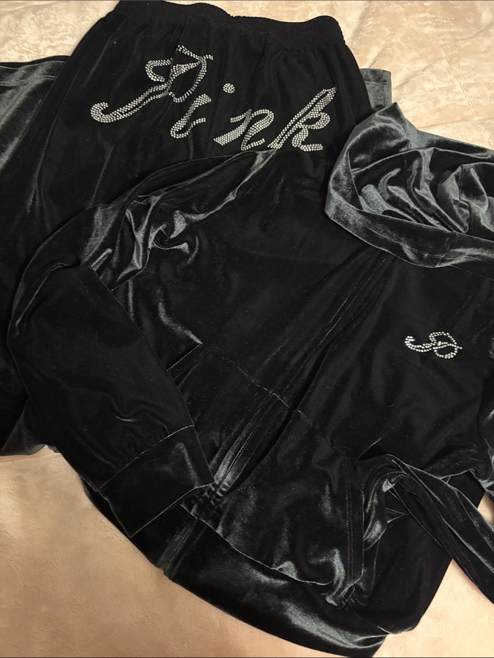 PINK by Victoria’s Secret Black Velour Suit with sparkly cursive logo.